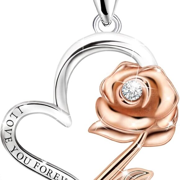 Sterling Silver Rose Heart Necklace for Women, Adjustable Cubic Zirconia Love He - Picture 1 of 6